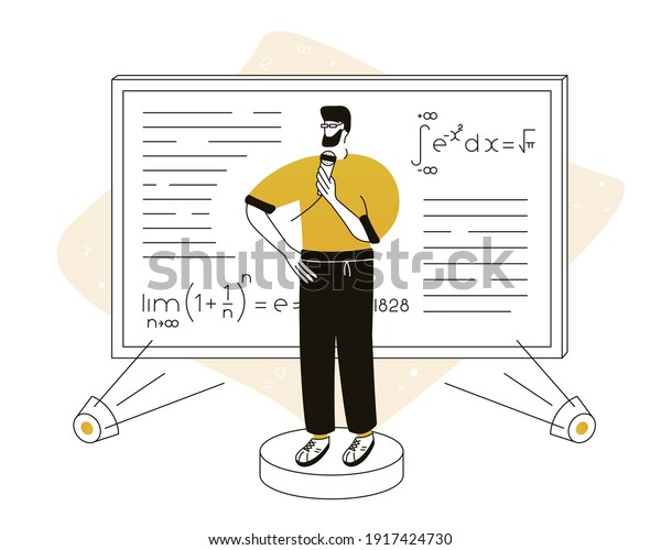  A man speaking at a science and education forum or\
seminar, training session or lecture. Vector illustration for\
telework, remote working and freelancing concept, business, start\
up.