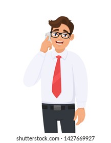Man speaking or talking on the mobile, cell or smart phone. Male character wearing white formal shirt and red colour/color tie. Modern lifestyle, digital technology device, gadget in cartoon style.