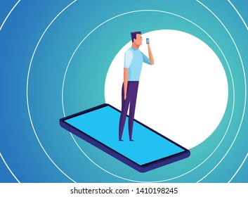 man speaking through the cellphone over a cellphone with circular background vector illustration graphic design
