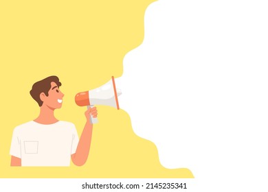 Man speaking through megaphone on yellow background with white blank space for message. Template for advertising, promotion, presentation, announcement, banner. Flat vector illustration character.