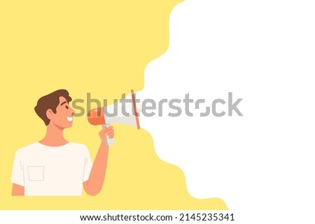 Man speaking through megaphone on yellow background with white blank space for message. Template for advertising, promotion, presentation, announcement, banner. Flat vector illustration character.