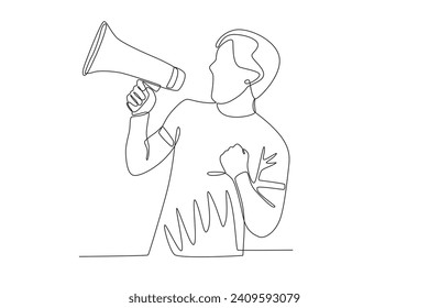 Un hombre habla con determinación. Mostrar el dibujo de una línea