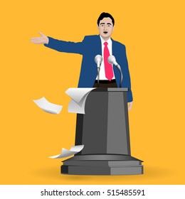 Man speaks in front of the public, reads poetry, poems, lyrics. Speech businessman, a hand gesture. Vector. Image. Illustration. Icon.