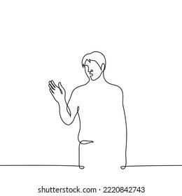 man speaks gesticulates with hand - one line drawing vector. concept man accuses, express grievances and claims