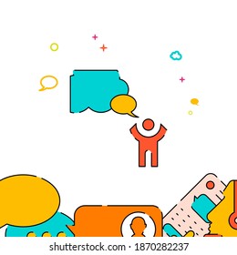 Man speaks to heaven filled line vector icon, simple illustration, people communication related bottom border.
