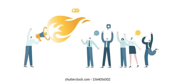 Man speaks hot with megaphone and happy people like. Leader leads his followers. Internet protest movement. Protest movement on the internet is popular. Vector illustration EPS 10 isolated on white