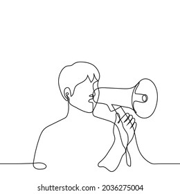 man speaks into a loudspeaker - one line drawing. concept of a loud statement, speaker draws attention, political activist speaks into the loudspeaker 