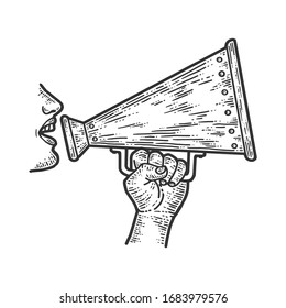 A man speaks into a loudspeaker. Scratch board style imitation. Black and white hand drawn image. Engraving vector illustration