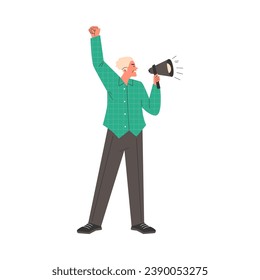 Man speaks into a loudspeaker, vector illustration isolated on white background. Male character shouts into a megaphone with his hand raised up, motivation speaker with loudspeaker. Flat cartoon style