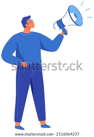 Man speaks into megaphone. Guy in glasses agitator calling for something. Male character shouts into loudspeaker to advertise. SMM, marketing strategy to attract customers. Person says advertisement