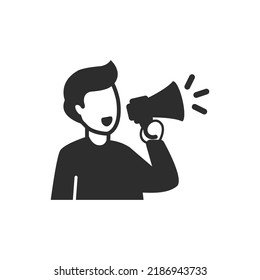 Man speaks into a megaphone icon. Monochrome black and white symbol. Vector illustration