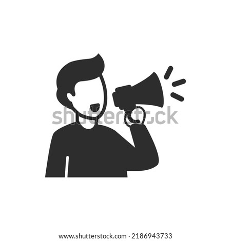 Man speaks into a megaphone icon. Monochrome black and white symbol. Vector illustration