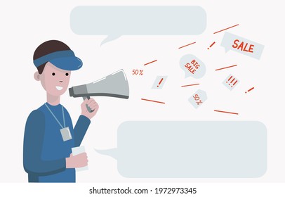 The man speaks into a megaphone. Online Public Relations and Affairs. Alert, Speech, Pr Social Media Promotion, Digital Ads. Vector Illustration