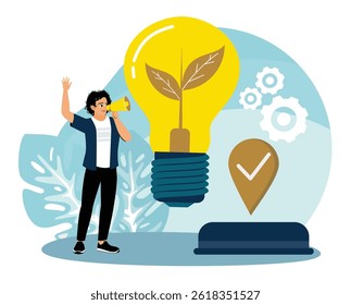 Um homem fala em um megafone. Promovendo soluções de energia renovável com folhas verdes, lâmpadas e engrenagens. Ilustração de vetor plano.