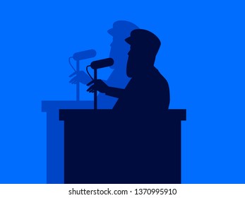 A man speaks into the microphone from the podium. Speech by the speaker, military dictator. The contour of a man with a shadow. Vector illustration