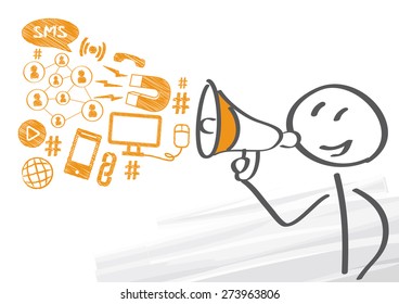 Man speaks in megaphone - vector illustration with social media icons