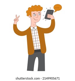 A man speaks on the phone and takes a selfie. Vector characters, flat icon, isolated on white background.