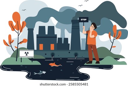 A man speaks out to stop pollution. with a colorful flat design concept. to encourage environmental protection.