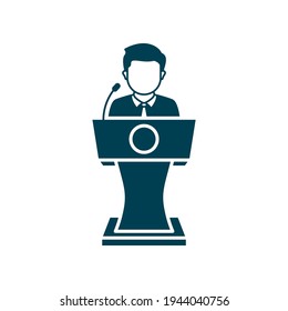 Man Speaks From Podium Tribune. Public Speaking Icon Concept Isolated On White Background. Vector Illustration