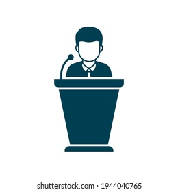 Man Speaks From Podium Tribune. Public Speaking Icon Concept Isolated On White Background. Vector Illustration