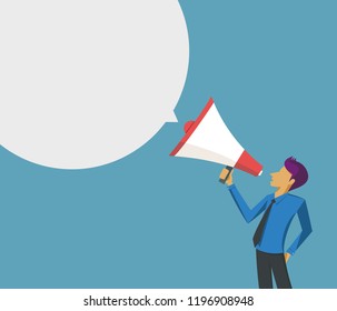 Man speaks through a big megaphone with speech bubble
