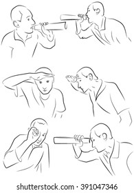 man speaks through a pipe, looking through the tube, he closes his eyes with his hand