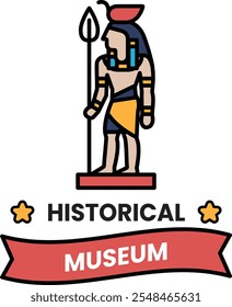 A man with a spear is standing in front of a museum