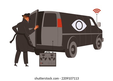 Man Special Agent in Black Coat and Hat Near Van with Spyware Spying and Monitoring Vector Illustration