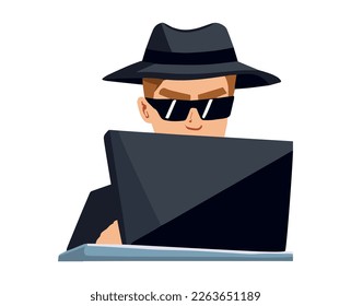 Man Special Agent in Black Hat and Sunglasses Peeking from Laptop Screen as Spying and Monitoring Vector Illustration.