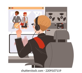 Man Special Agent at Computer Monitor with Headphones Watching People as Spying and Monitoring Vector Illustration