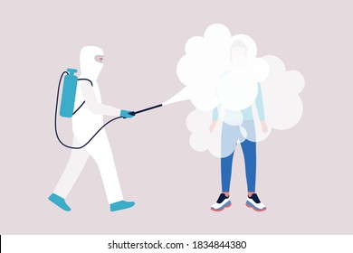 A man in special clothes sprays a disinfectant from the virus on a young man. Coronavirus control concept. Vector illustration in a flat style