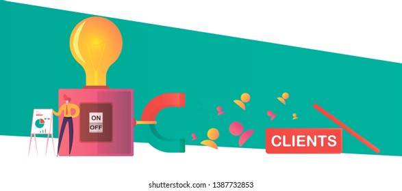 man with a special device attracts customers, proper marketing as a tool for successful business, vector illustration for web sites and landing pages