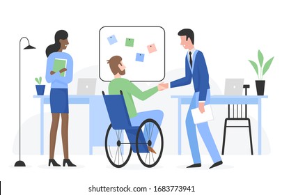 Man with special needs in wheelchair gets job flat character vector illustration. Positive touchable situation with smiling people in company office. Career and employment of disabled person concept