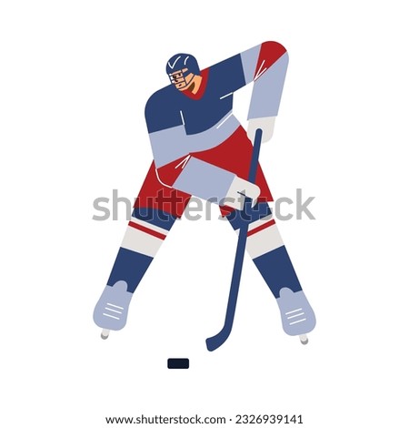Man in special uniform with helmet playing hockey flat style, vector illustration isolated on white background. Sport game, hockey puck and stick, decorative design element