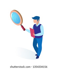 Man Specialist in Holds Magnifier and Folder. Vector Illustration White Background. Specialist in Analytical Department Uses Tools to Analyze Details and Features Research Project.