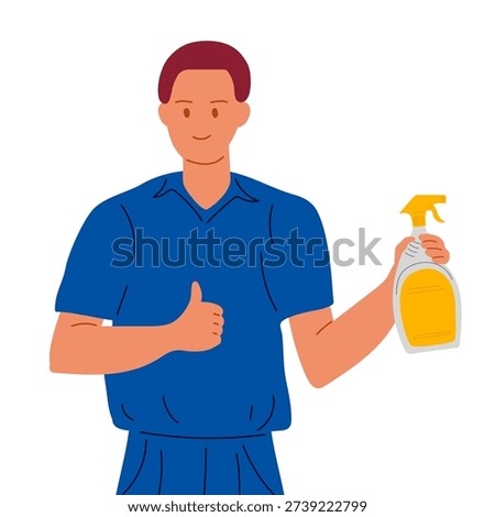 Man in specialized blue cleaning uniform demonstrating cleaning product in spray bottle and highly praising quality, thumbs up.