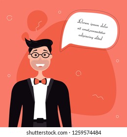 Man with speech bubble. Banner template. Vector illustration on red background