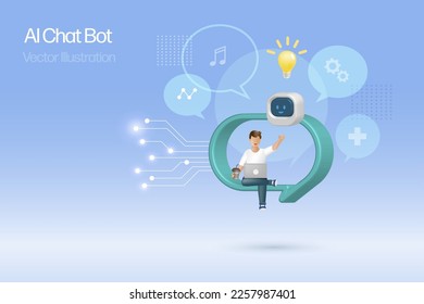 Man in speech bubble chatting with AI chat bot giving smart solution. Artificial Intelligence power robot engine communicate with human natural language provide smart solutions. 3D vector.