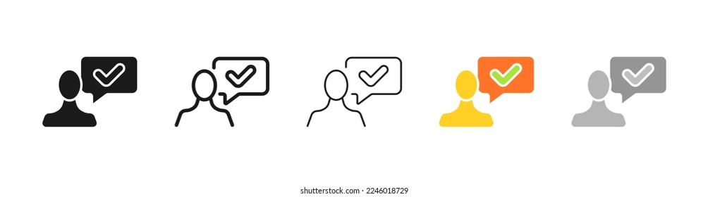 Man with speech bubble and checkmark. Working communication, approved, work, presentation, agreement. Business concept. Vector five icon in different style on white background
