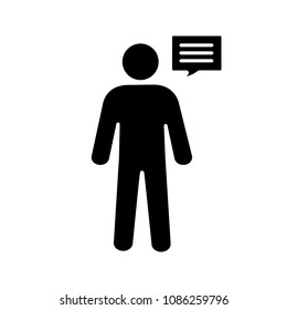Man with speech bubble glyph icon. Silhouette symbol. Talking person. Announcement. Speaking man. Negative space. Vector isolated illustration