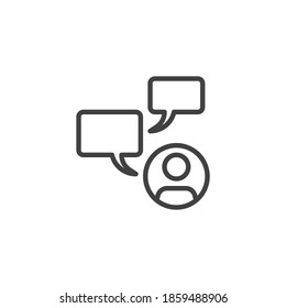 Hombre con el icono de la línea de burbuja de voz. Señal de estilo lineal de mensajes de chat de usuario para concepto móvil y diseño web. Icono de vector de contorno de conversación de conversación de conversación. Símbolo, ilustración del logotipo. Gráficos vectoriales