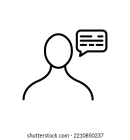 Man with speech bubble line icon. Speaking, exchange information, message, narration, society, relationships. Communication concept. White background. Vector line icon for Business and Advertising.