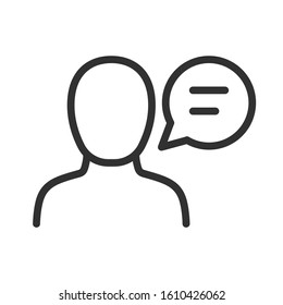 man with speech bubble, linear icon. Editable stroke