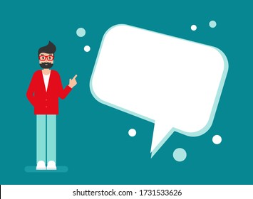 man with speech bubble on blue background. Talk, chat message, communicate, messenger concept . flat vector illustration  on white background. Hints and tints. Questions and answers.