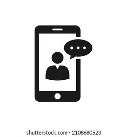 Hombre con burbuja de habla en la pantalla de los teléfonos móviles. Llamada de vídeo, servicio al cliente, diseño de iconos de asistente aislado. Ilustración del vector