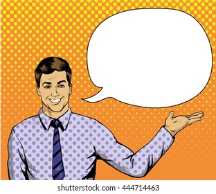 Man with speech bubble in retro pop art style. Comic vector illustration