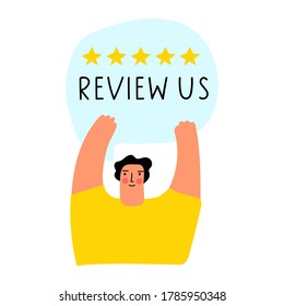Man with speech bubble - review us. Vector illustration on white background.