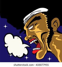 man with speech bubble screaming into the night