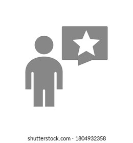 Man with speech bubble and star grey icon. Review, feedback, comment, customer satisfaction symbol