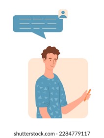 Hombre con burbuja de habla. Videollamada o conferencia, comunicación en medios sociales. Interacción de amigos o colegas. Chat y diálogo en Internet. Dibujo vectorial plano de dibujos animados